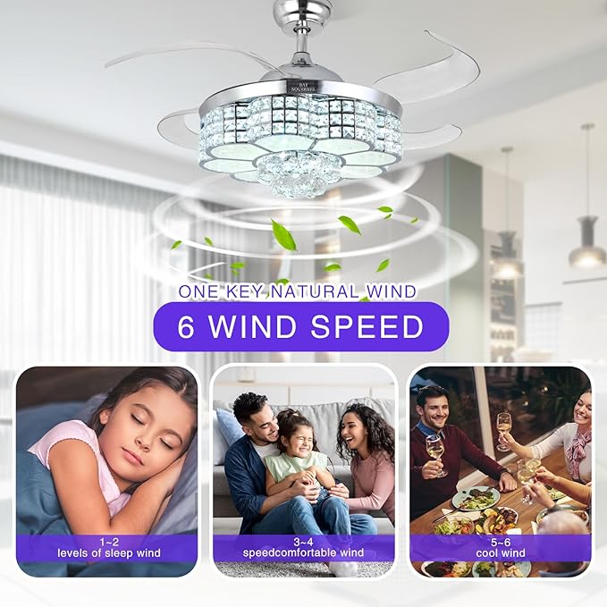 BAYSQUIRREL 42-inch Retractable Ceiling Fan with Light and Remote/APP Control, Bluetooth Ceiling Fans with Speaker, RGB-LED Light 6 Speeds Reversible Blades,Flush Mount Chandelier Crystal Ceiling Fan
