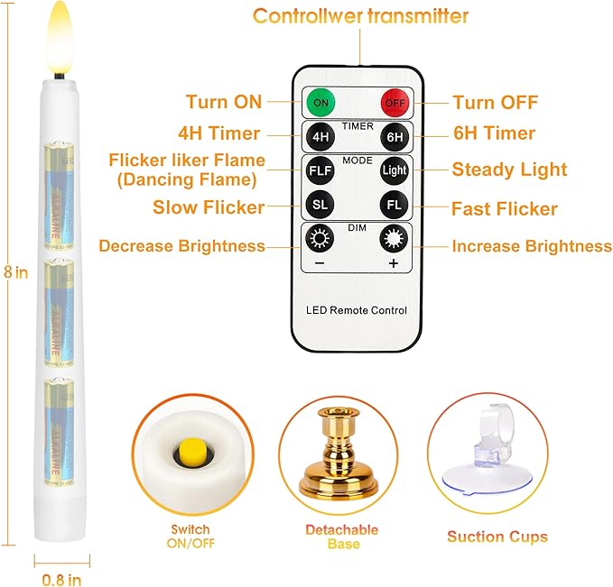 Flameless Taper Candles Flickering with Remote Timer, 4PCS Battery Operated Window Candles with Gold Candlesticks and Suction Cups, 8 Inch Warm White 3D Flame Candle for Home, Xmas Decor(White)