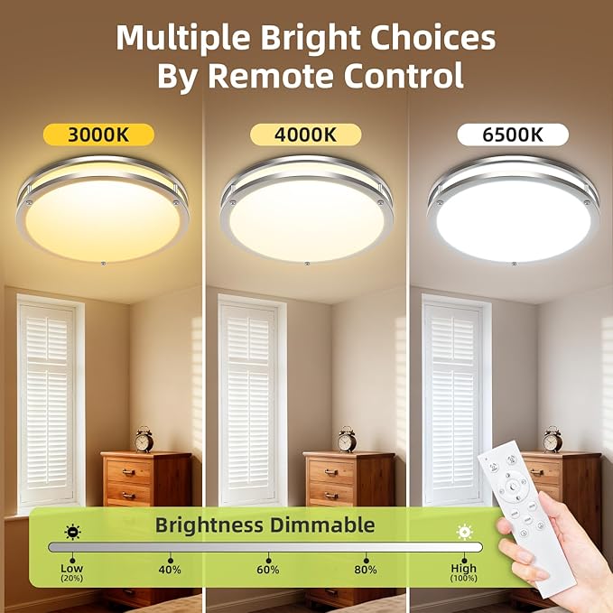 hepside Flush Mount LED Ceiling Light with Remote, Dimmable& 3000K-6500K Adjustable Ceiling Light Fixture, Timer, Night light, 16 inch Brushed Nickel Ceiling Lamps for Kitchen Bathroom Bedroom Hallway