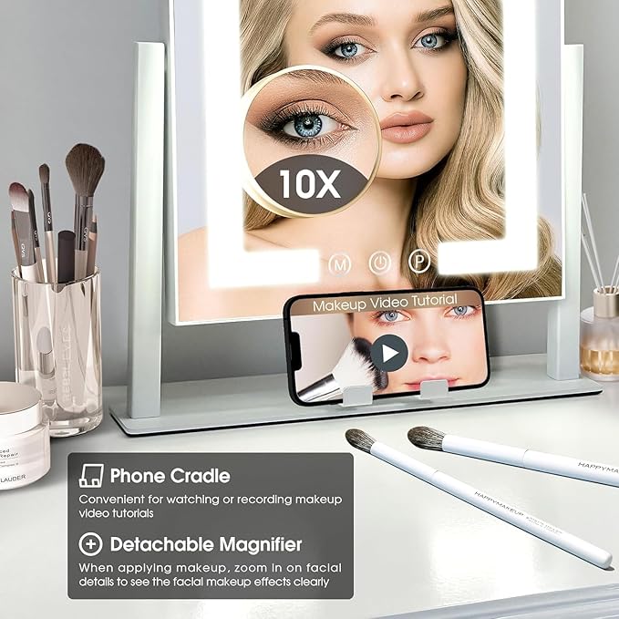 Kottova Vanity Mirror with Lights, 14" x 12" LED Makeup Mirror, Lighted Makeup Mirror with 10X Spot Mirror,Smart Touch 3 Colors Dimmable,360° Rotation, Plug in(White)