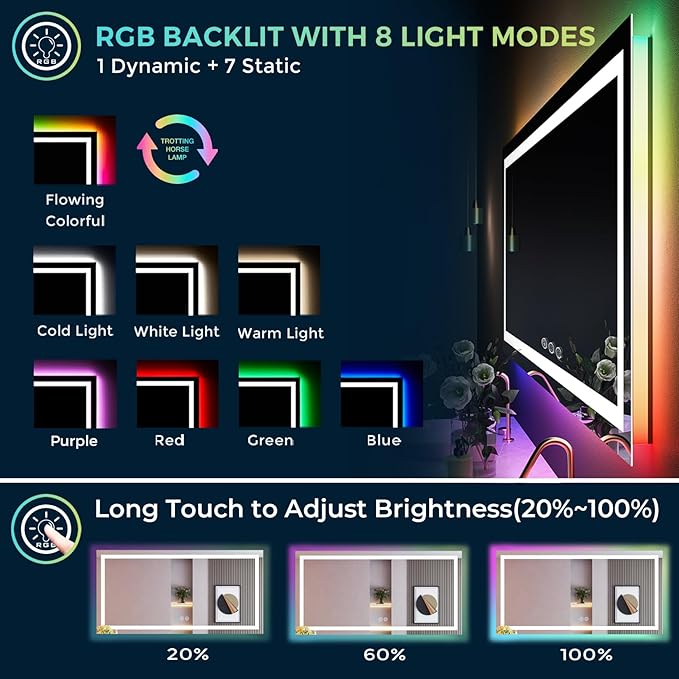 88x38 Inch RGB LED Bathroom Mirror Front Lit and RGB Backlit Lighted Vanity Mirror for Bathroom Wall Dimmable Anti Fog Memory Shatter-Proof IP54 Waterproof Horizontal/Vertical