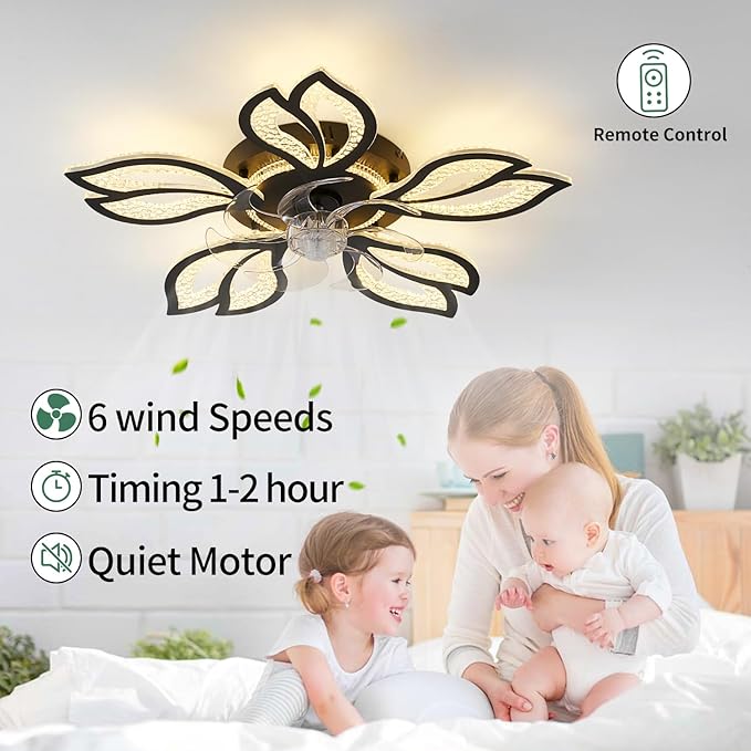 Geometric Ceiling Fan with Light, Black, 26', 3000K-6000K, Remote Control, Low Profile, for Bedroom