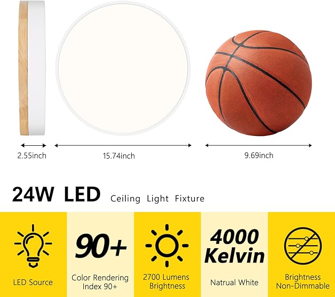 Modern Wood White Flush Mount Ceiling Light, 15.74" Round LED Low Profile Close to Ceiling Fixture for Kitchen Bedroom Bathroom Laundry Hallway Entryway Closet Living Room