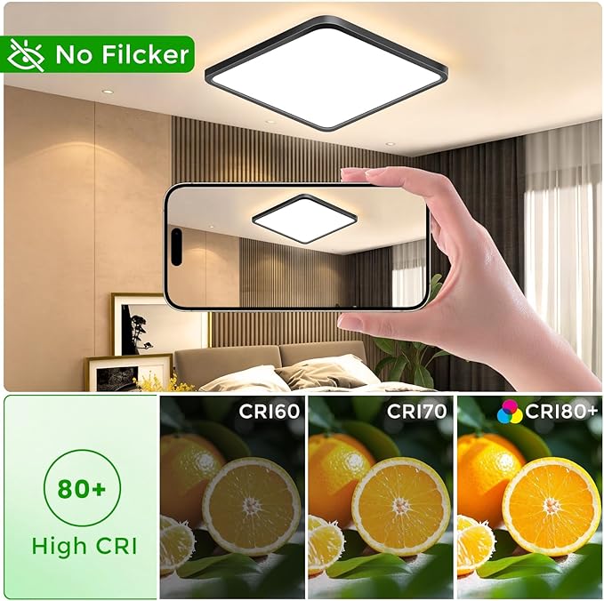 15.7Inch 32W Square LED Ceiling Light Fixtures Flush Mount, 2800K Warm White LED Ceiling Lamp, Surface Mount Modern Ceiling Lights, Black Slim Flat Panel Lighting for Bedroom, Kitchen, Bathroom