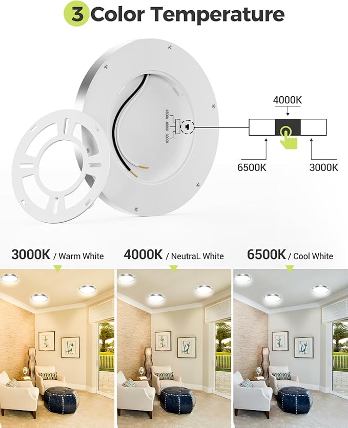 6PACK LED Flush Mount Ceiling Light, 3CCT Selectable 3000K-4000K-6500K & 100W Equivalent Modern Kitchen Recessed Ceiling Lamp 15W 1500Lm 7.5 Inch for Bathroom Closet Laundry Bedroom