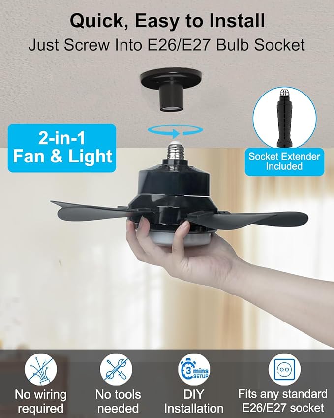 Ligency 16" Smart Socket Fan Light with Alexa - Screw-in Small Ceiling Fan with Remote, RGBW & 3000-6500K Dimmable, 6-Speed Reversible Quiet Motor, E26/E27 Base Fan for Bedroom, Garage, Black