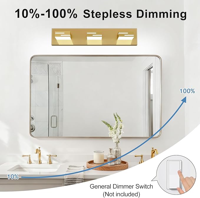 LED Modern Bathroom Vanity Light Fixtures, 3-Light 22-inch Dimmable Gold Vanity Lights for Bathroom Lighting Fixtures Over Mirror, with 350° Rotatable Heads (Cool White 6000K)