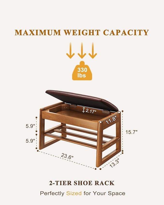 Shoe Rack Bench with Hidden Storage, 2-Tier Solid Rubberwood Entryway Bench with Soft Leather Cushioned Seat & Flip-Top Storage, 330lbs Capacity, Wooden Shoe Organizer for Hallway, Closet, Foyer