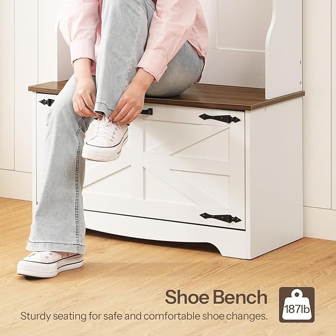 HOOBRO Hall Tree with Bench, Entryway Bench with Coat Rack and Shoe Cabinet, Flip Drawers, Farmhouse Hall Tree with Shoe Organizer, Mud Room, White and Walnut WH85MT01