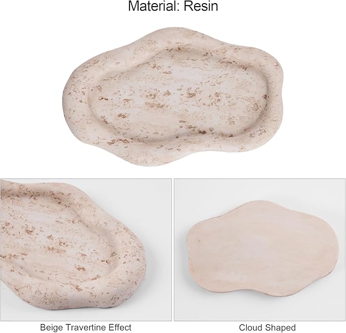 Cloud-Shaped Resin Jewelry Tray, Beige Travertine Vanity Tray for Bathroom Countertop, Trinket Candle Dish, Perfume Holder, Decorative Ottoman Tray for Home Decor Coffee Table Dresser