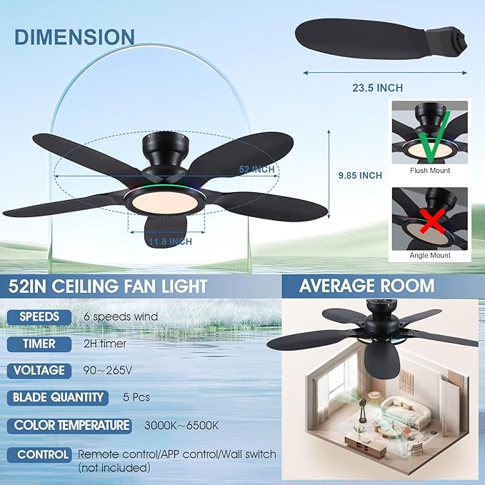 Ceiling Fans with Lights and Remote/APP Control, 52 inch Low Profile Ceiling Fans with Dimmable White + RGB Ring Lights, 6 Speeds 5 Curved Blades for Kids Room Bedroom Bar, Black