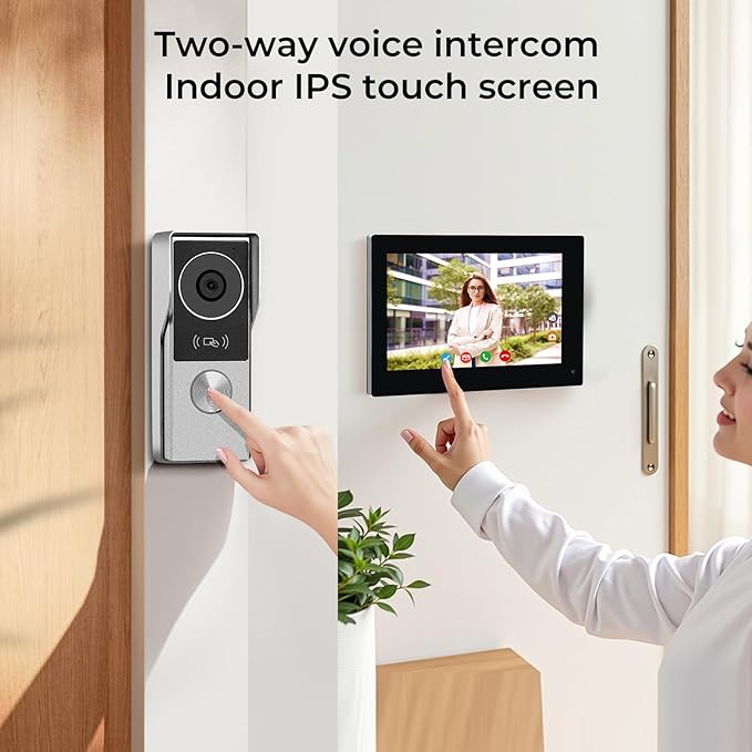 2-Wired Video Intercom System with Dual 7'' Touch Screen, 1080P HD Camera & 130° Wide Angle, Two-Way Calling Between Screens, Tuya APP Remote Control, Waterproof, for Villa Apartment