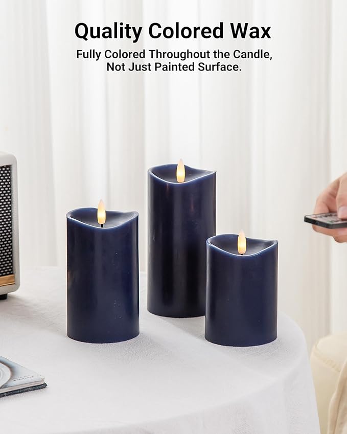 Navy Blue Flameless Candles with Remote and Timer, Real Wax Made LED Pillar Candles Battery Operated with 3D Flickering Flame Melted Top, 3" x 4",5",6", Navy Blue Decor, Set of 3