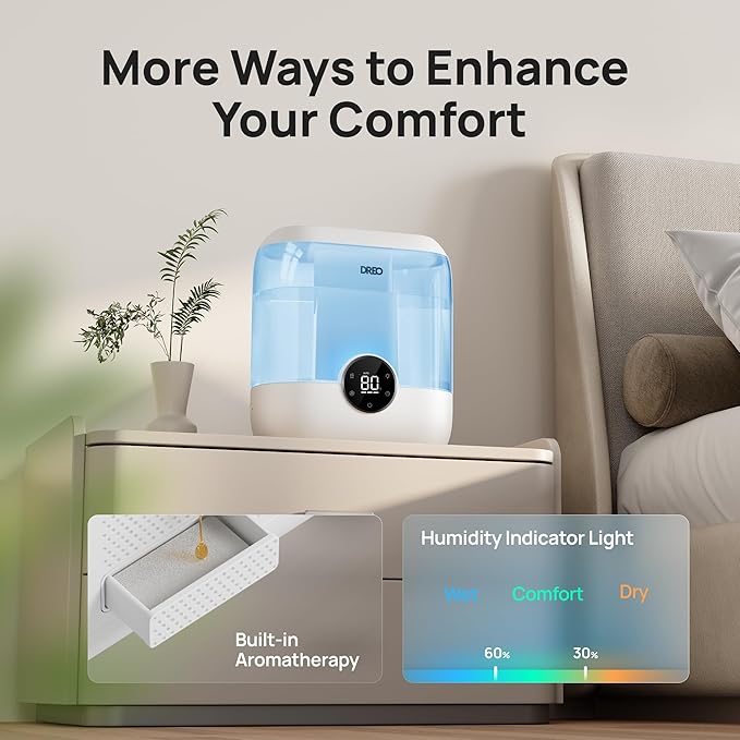 DREO Humidifiers for Bedroom, 6L Top Fill Supersized Cool Mist Humidifier for Large Room, 60 Hour Runtime, Quiet Ultrasonic Humidifiers for Plants, Baby, Indoor, Home, Night Light, Blue
