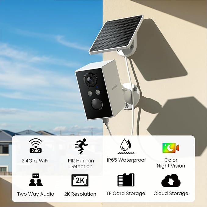 wansview Security Cameras Wireless Outdoor-2K WiFi 6 Solar Camera Outdoor Wireless for Home Security with AI Motion Detection, Color Night Vision, 2-Way Audio, 2.4GHz WiFi Only, Alexa, A1 2P White