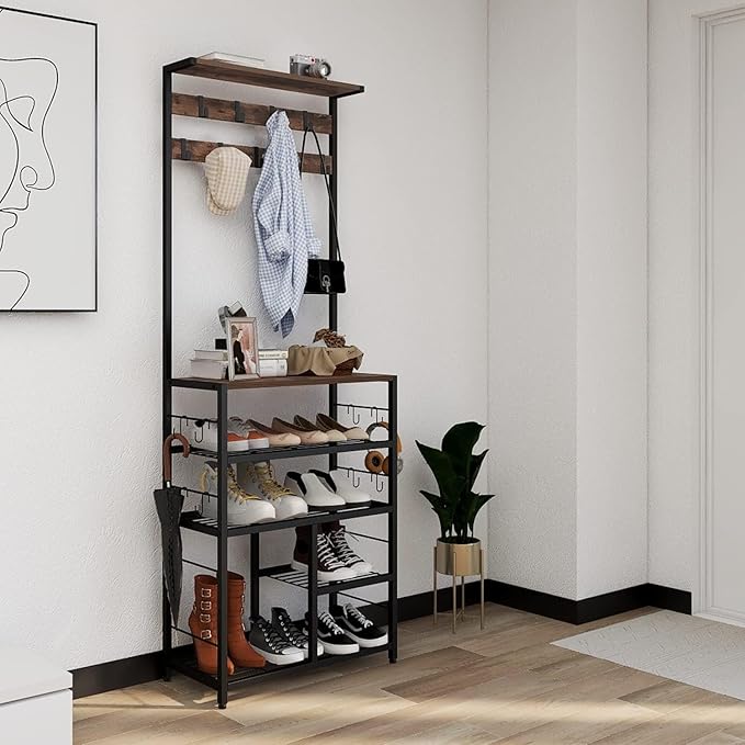 GiftGo Vintage Large 5-Tier Hall Tree with Console Table Entryway Coat Rack Floor Standing Shoes Rack Storage Shelf Organizer for Home Office Bedroom (Rustic Brown)