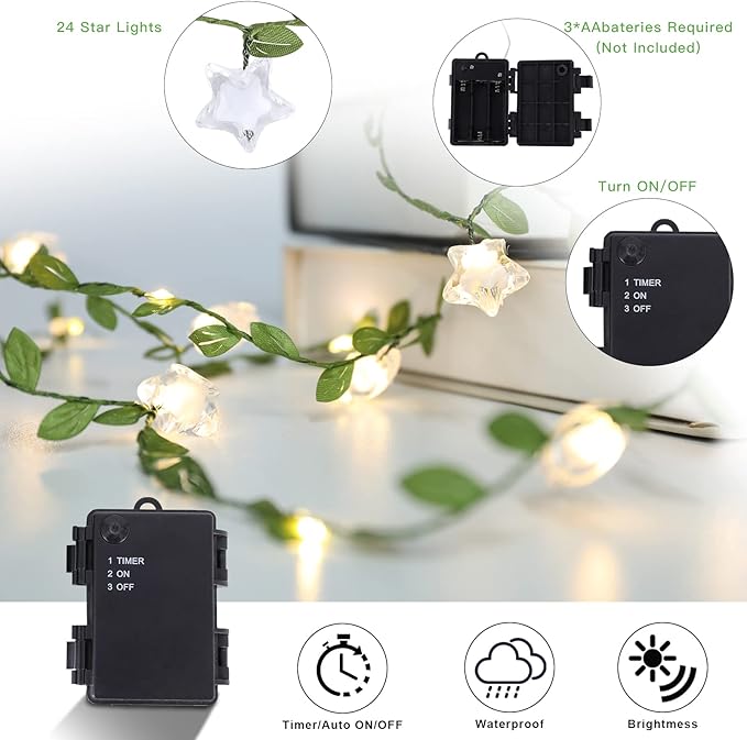 Vigdur 2 Packs Vine String Lights - Tiny Leaf Ivy String Lights with 48 Star Lights Battery Powered Waterproof Fairy Light Indoor Outdoor for Bedroom Party Garden Wall Décor St. Patrick's Day