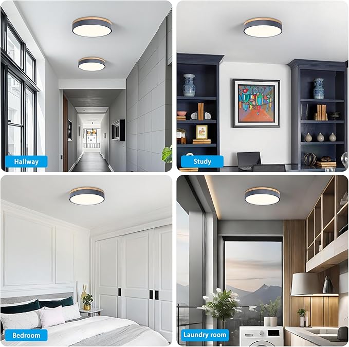 Dimmable Wood Oak Ceiling Light Fixture Modern Gray LED Flush Mount Ceiling Light 5CCT Minimalist Circle Close to Lighting Fixture for Bedroom Kitchen Bathroom Laundry Room 11.81 Inch
