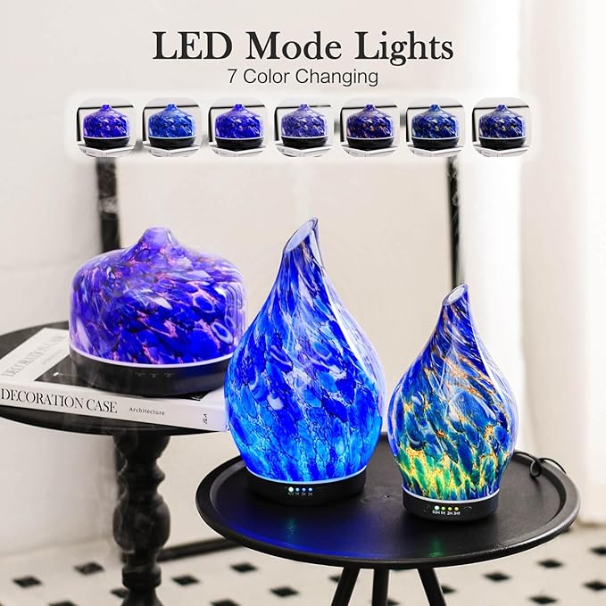 Porseme 500ml Glass Essential Oil Diffuser Aromatherapy Ultrasonic Cool Mist Humidifier 15-21 Running Hours Waterless Auto-Off Air Diffusers for Sleeping Yoga Working Spa(Deep Blue)