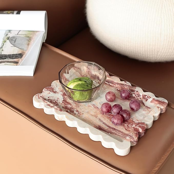 Real Luxurious Natural Scalloped Marble Vanity Tray - 10.8"x8" Rectangle - Decorative Catch All Tray for Bathroom, Kitchen, Dresser & Home Decor