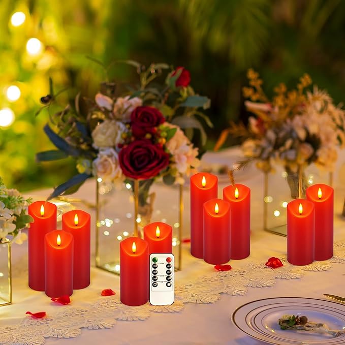 24-Pack Red Flameless LED Candles with Remote - Realistic Flickering Battery - Operated Pillar Candles forValentine's Day, Home Decor, Weddings, Parties.