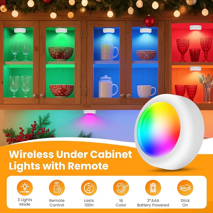 LED Puck Lights with Remote Control, 16 Color Changing Under Cabinet Lighting with Dimmer & Timer, AAA Battery Operated,Under for Closet Bedroom Kitchen, Stair (12 Pack White)