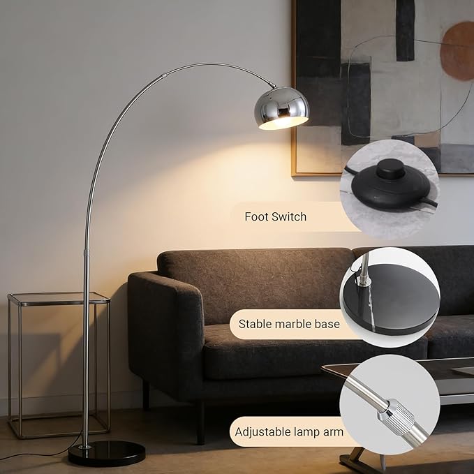 Floor Lamps for Living Room,80" Arc Floor Lamp,with Dimmer Adjustable Brightness,Modern Floor Lamp for Bedroom,Dining Rooms,Office,Corner Lamp with Chrome Bell Shaped Lampshade