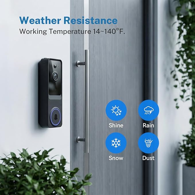 1080P Wireless Home Security Doorbell Camera with Receiver，AI Human Detection，Real-Time Alerts，2-Way Audio，Battery Powered，Night Vision，Cloud Storage, 2.4Ghz Wi-Fi