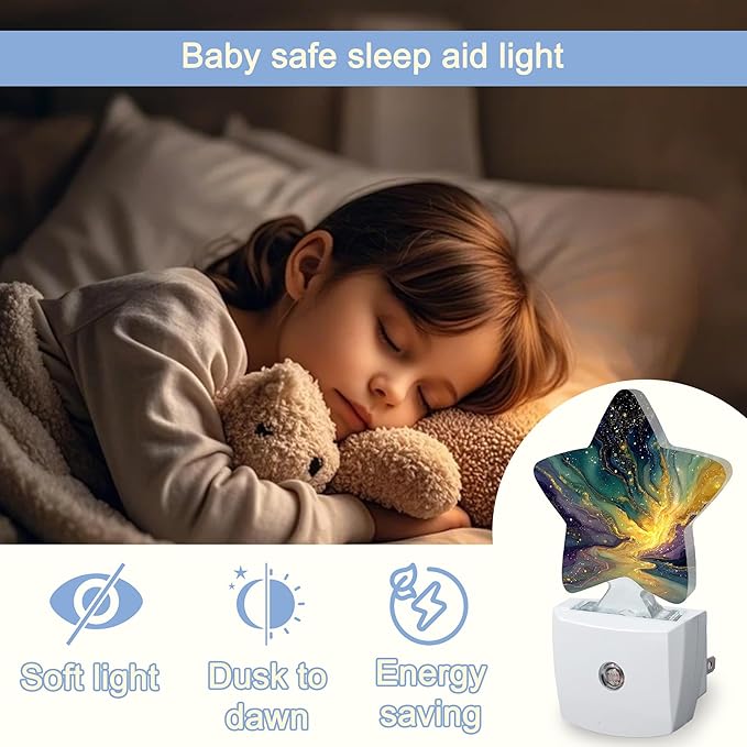 Purple Gold Marble Night Light,Colorful Abstract Plug-in Star Night Lights with Dusk-to-Dawn Sensor for Bedroom,Bathroom,Living Room Sleep Friendly Lamp for Women Girls Boys Gift,0.5W