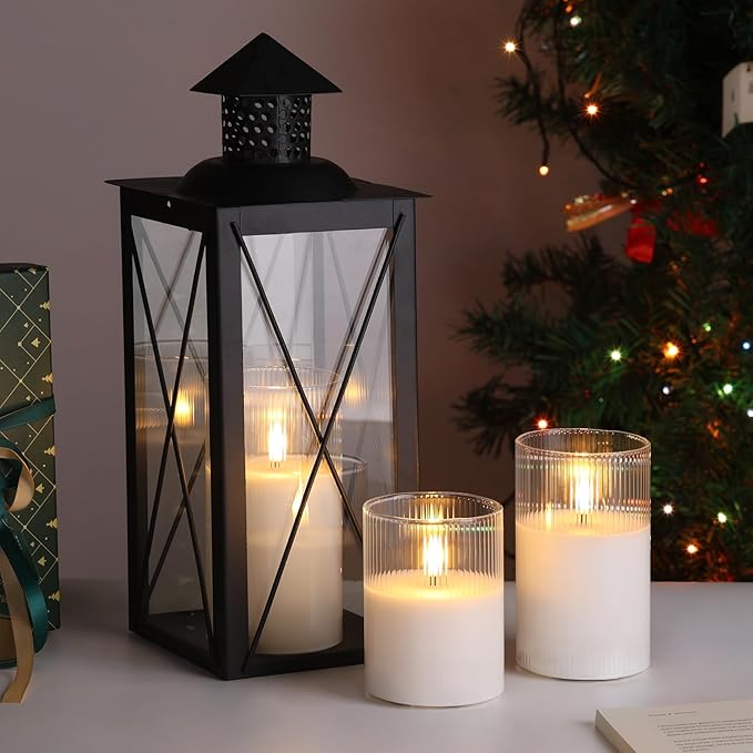 Eywamage Clear Ribbed Glass Flameless Candles with Remote, Flickering LED Pillar Candles Real Wax, Set of 3