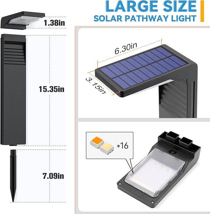 Solar Pathway Lights 6Pack with Warm White and Cool White Mode, Modern Solar Path Lights Outdoor Waterproof, Perfect Solar Lights for Backyard, Lawn, Driveway, Walkway, Garden Decorative.