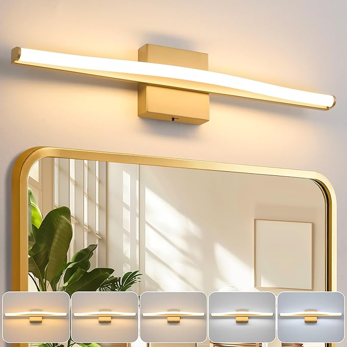 Modern Bathroom Vanity Light 24 inch, Curved, Dimmable 5CCT Led Bathroom Light Fixture Over Mirror, Gold Bar Vanity Light for Bathroom Mirror Cabinets-ETL Certificated Modern LED Vanity Makeup Lights