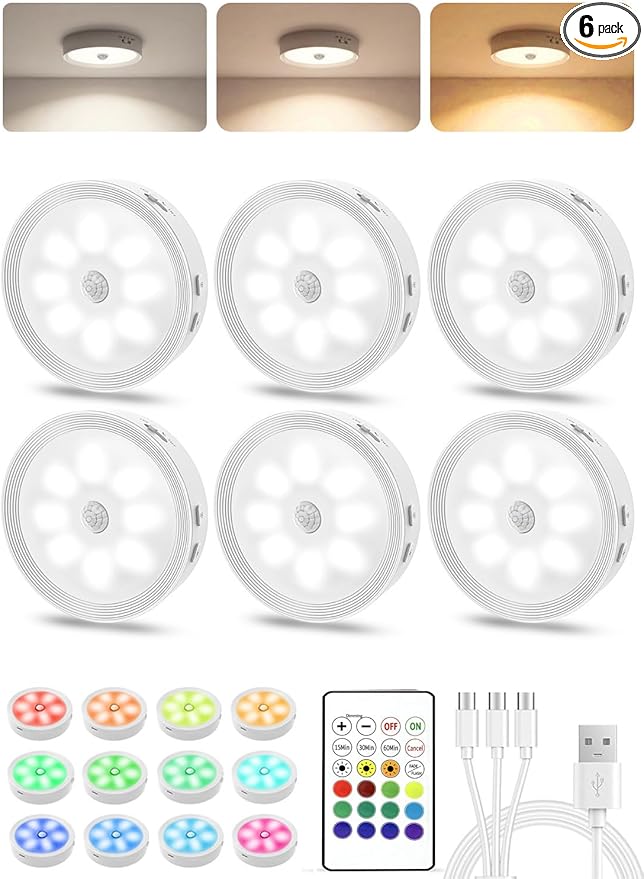 Under Cabinet Lighting, LED Puck Lights with Remote, Rechargeable Motion Sensor Lights Indoor, Dimmable Stick On Lights 3 Color Temps & 12 RGB Under Counter Lights for Kitchen, Closet White 6 Pack