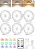Under Cabinet Lighting, LED Puck Lights with Remote, Rechargeable Motion Sensor Lights Indoor, Dimmable Stick On Lights 3 Color Temps & 12 RGB Under Counter Lights for Kitchen, Closet White 6 Pack