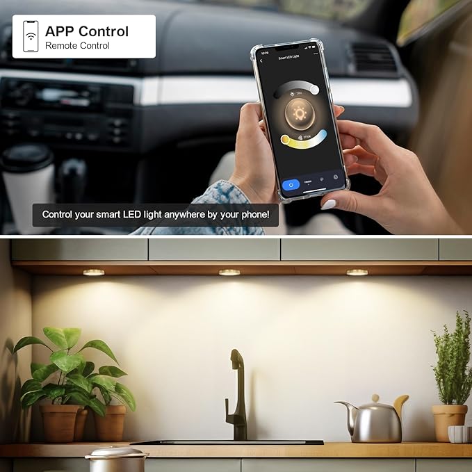 6pack LED Puck Light Kit, 2700-6000K Smart Round Under Cabinet Lighting with APP Control, Compatible with Alexa, Google Assistant, for Under Counter, Kitchen (Gold)