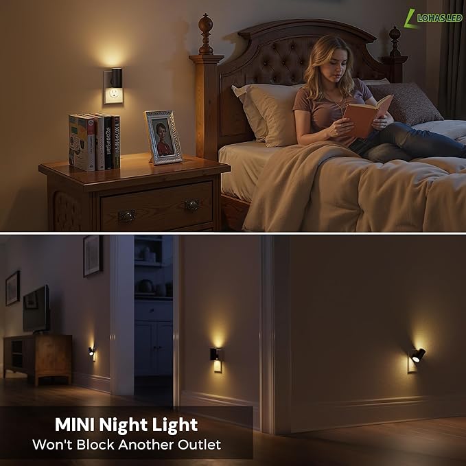 L LOHAS LED Night Light, Mini Night Lights Plug into Wall, Light Sensor, 2 Level Brightness, Soft White 3000K, Rotating Nightlight Plug in Wall for Adult Kids Hallway Bedroom Bathroom Stairway, 1 Pack