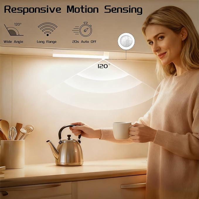 HomeBeyond Under Cabinet Lighting Wireless, 4-Pack Dimmable Motion Sensor LED Lights with Warm Color, Rechargeable Battery Operated Magnetic Lights for Kitchen, Closet, and Home Use