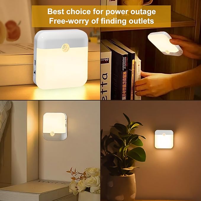 2 Pack Motion Sensor Night Light, Rechargeable Battery Night Lights Warm White, Portable Mini Motion Activated Night Light for Wall, Hallway, Kids Room, Stairway, Cabinet