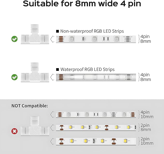 JACKYLED T Shape 4-Pin 8mm LED Connectors Total 42Pcs, Unwired Solderless Gapless Adapter Corner Connectors Terminal Extension 12V 72W with 32pcs Clips for 5050 3528 SMD RGB LED Strip Lights -8mm 4pin