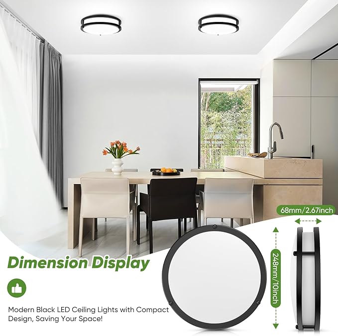 30W Flush Mount Ceiling Lights Black, 10inch LED Ceiling Light Fixtures 3600lm Super Bright, 2700K/3000K/4000K/5000K/6500K Adjustable Ceiling Lights, Dimmable Ceiling Lamps for Kitchen Bedroom, 2Pack