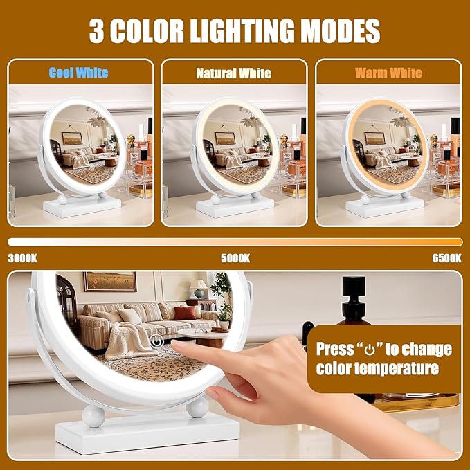Travel Makeup Mirror, 9" Small Vanity Mirror with Lights, 1500mAH Battery, 3-Color Lighting, Dimmable, 360° Rotation, Round Portable Desk Mirror, Travel Essentials (White)
