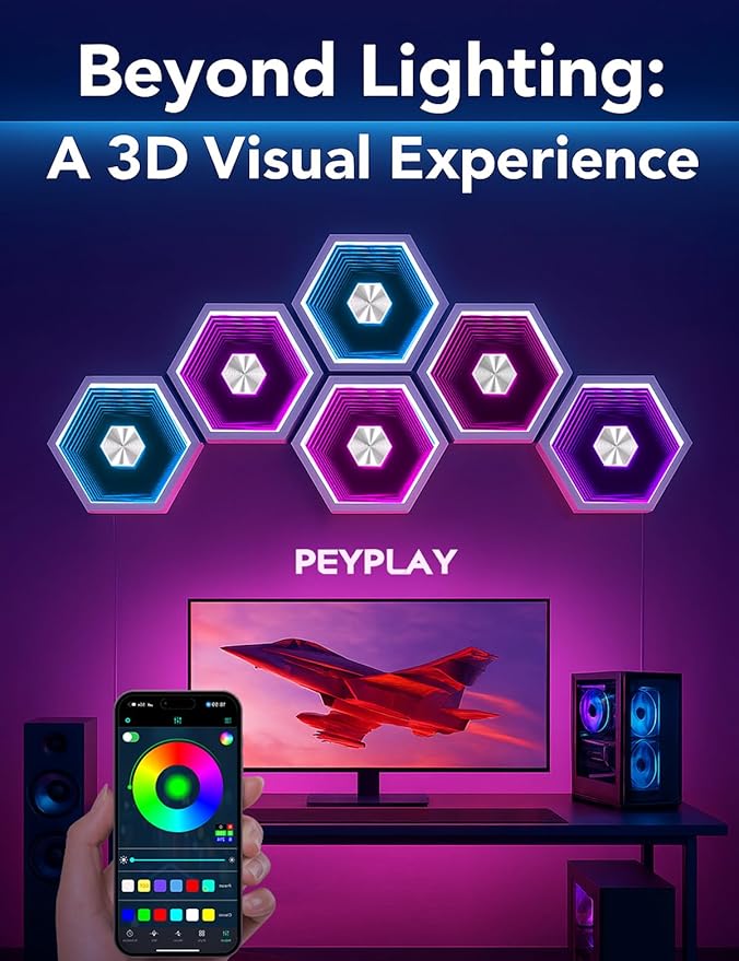 Hexagon Quantum Lights – Modular DIY Wall Panels, RGB+IC 16M Colors with Music Sync, APP & Remote Control, Immersive Lighting for Gaming Rooms, Home Decor, Parties and Gifts