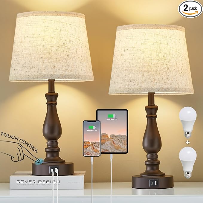 Table Lamps for Bedrooms Set of 2 - Touch Bedside Lamps with USB C+A Ports - Dimmable Nightstand Lamps for End Tables Farmhouse Night Stand Lamps for Living Room Bed Side Guest Room
