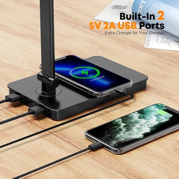 Desk Lamp Eye-Caring LED Table Lamp Dimmable Bedside Lamp with 2 USB Charging Ports and 10 Brightness Levels x 5 Colour Modes Touch Control Daylight Lamp for Office, Bedside, Reading- Auto Timer