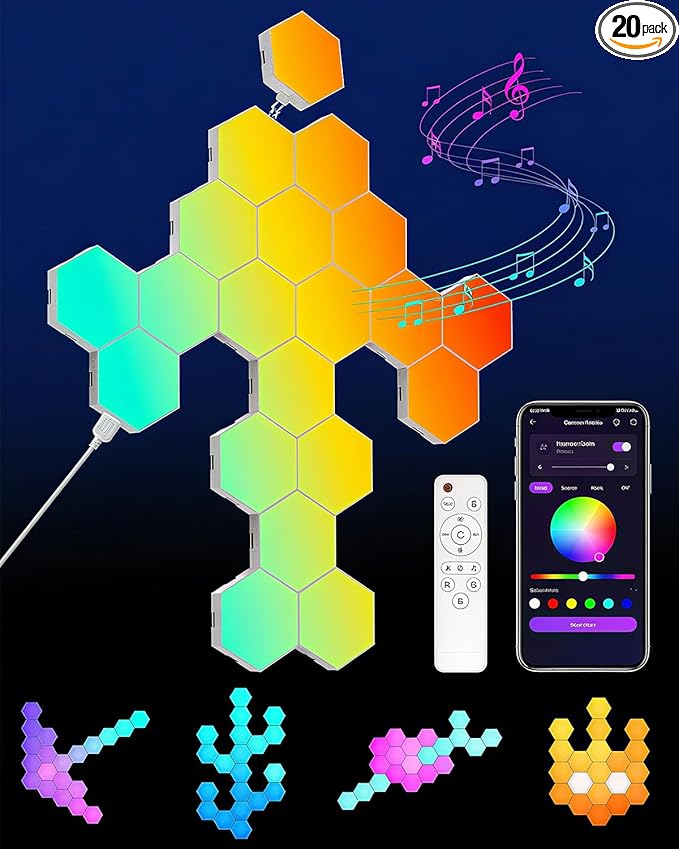 Hexagon LED Lights 20 Pack - RGB Wall Panels with Music Sync, Smart App & Remote Control, DIY Modular Hex Light for Gaming Room, Bedroom, Living Room, Wall Decor