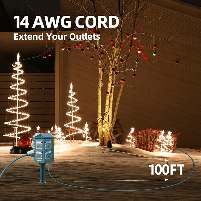 Outdoor Power Stake Timer, Remote Control Dusk to Dawn Light Timer, 100 FT Extension Cord Waterproof, 6 Grounded Outlets for Graden and Yard Decorations, ETL Listed