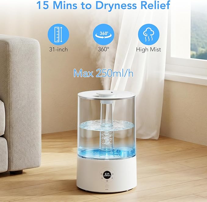 4L Top Fill Humidifier for Bedroom, Auto Constant Humidity, Smart Control, Quiet Ultrasonic Cool Mist, 360° Nozzle, 3 Mist Levels, 7-Color Light for Home Office Baby Room