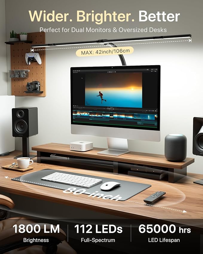 ONEMIX 42" LED Desk Lamp with Clamp, Architect Desk Light with Remote, Adjustable 4-Segment Bar, 1800LM Bright, Eye-Caring Desk Lamp for Home Office, Reading, Study, Dual Monitors, Easter (Black)