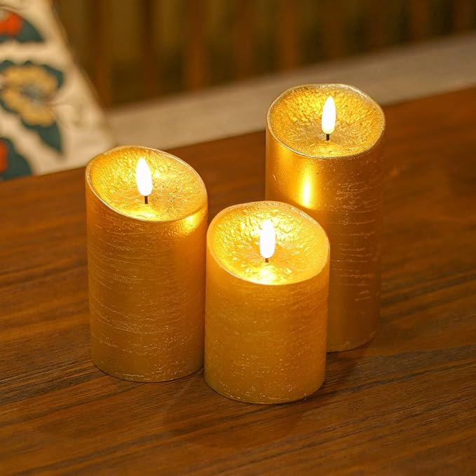 Gold Flameless Candles with Remote, Flickering Real Wax Battery Operated Candles with Timer, Set of 3 LED Pillar Candlesfor Home Room Decor Christmas Decoration