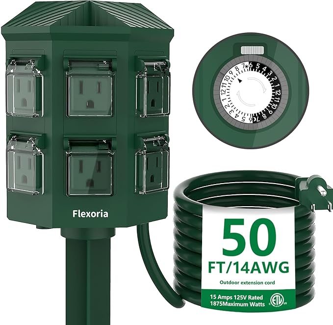 Flexora Outdoor Power Strip with 24-Hour Mechanical Timer, 50 FT Extension Cord Waterproof, 6 Grounded Outlets for Graden and Yard Decorations, ETL Listed